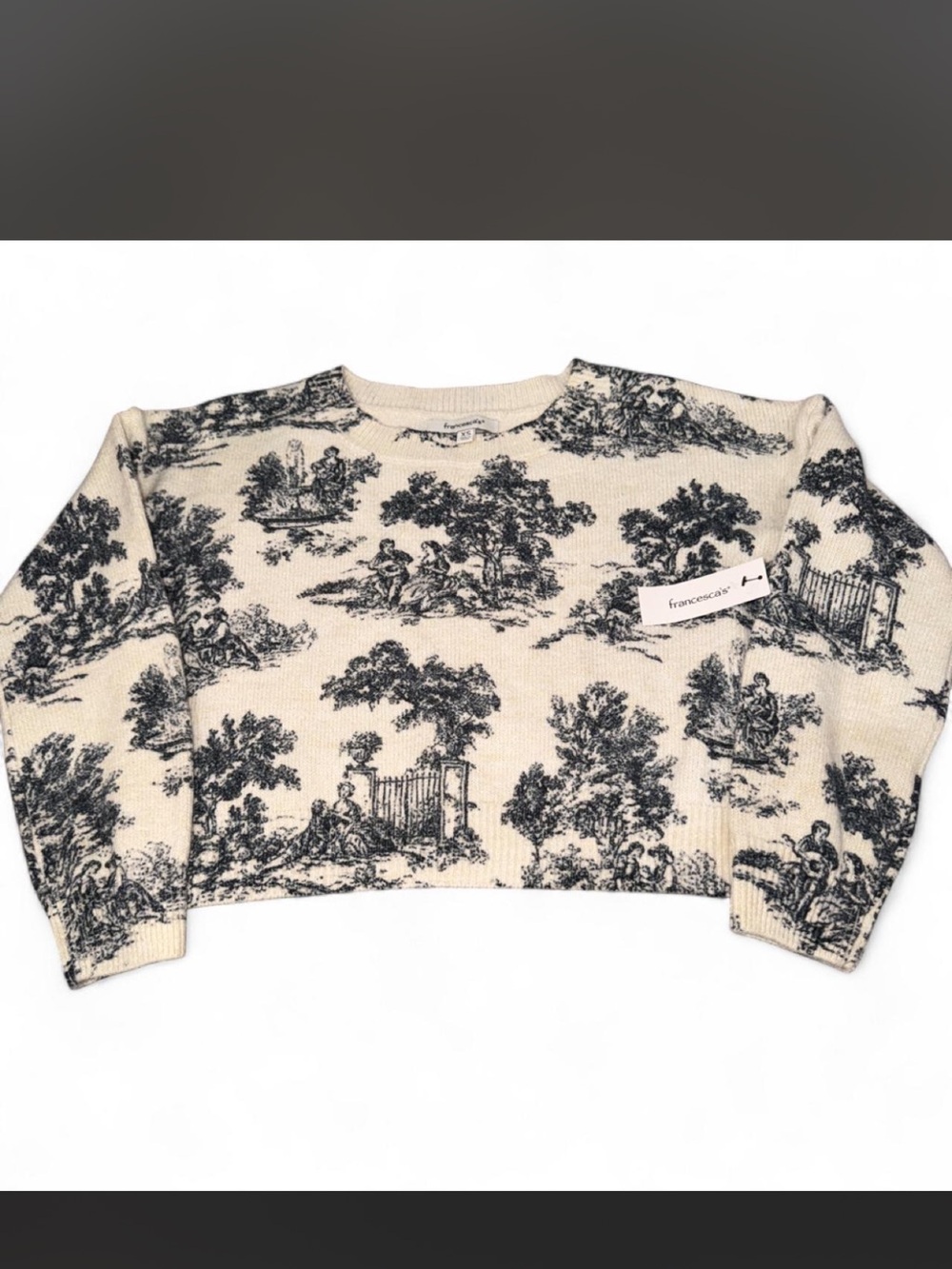 Francesca's Collections Cream & Black Toile Cropped Crewneck Sweater